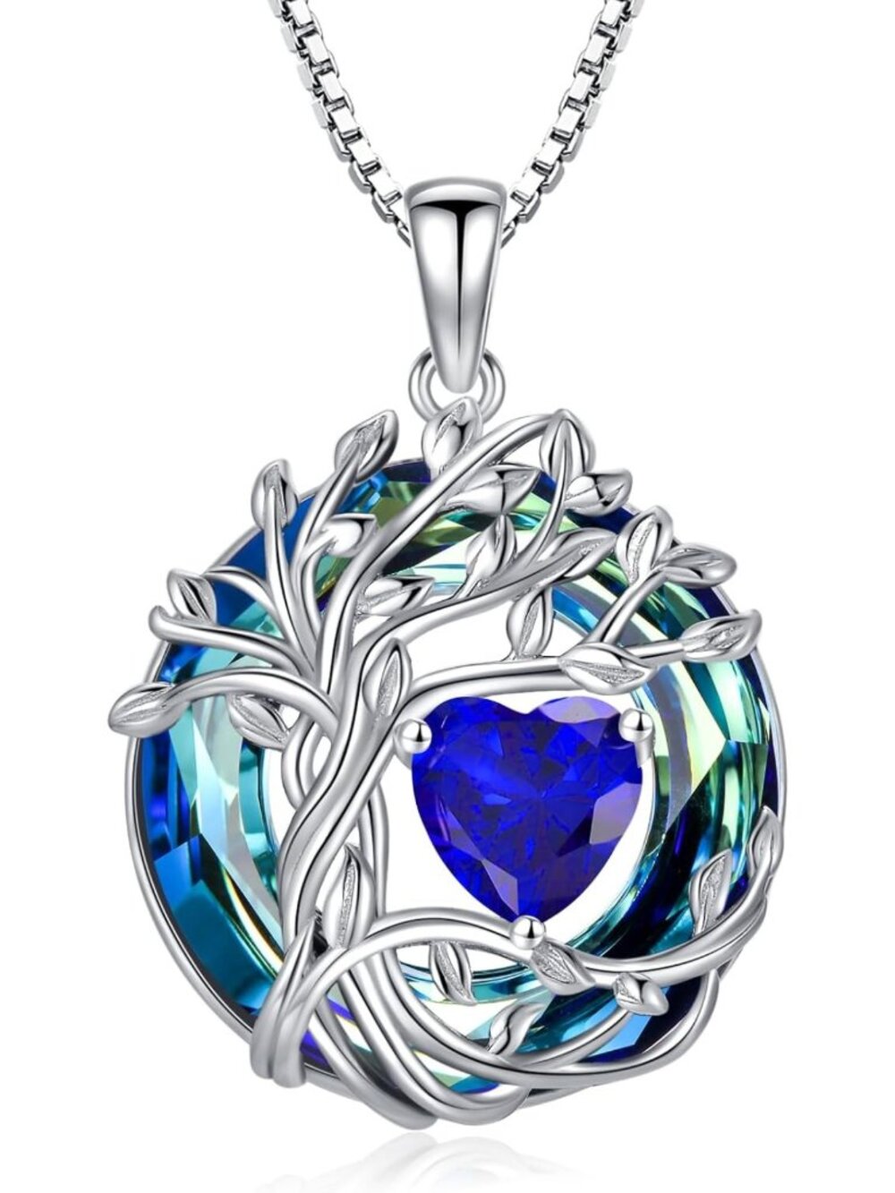 Tree of Life Birthstone Necklace - Sterling Silver Pendant with Blue Crystal